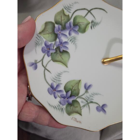 Antique E. Stawski Hand Painted Floral Serving Dish Finger Loop Handle Purple - Picture 5 of 6